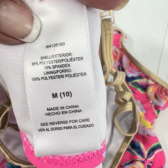 Betsy Johnson Girls 2PC Pink Floral Swimsuit Size M 10 Gold Trim - Picture 9 of 9